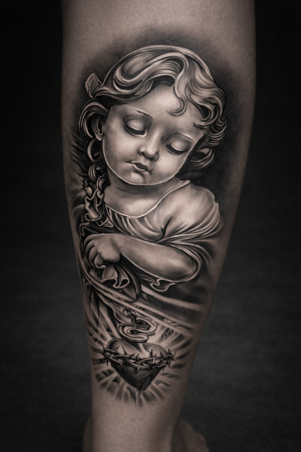 Cherub angel sacred heart tattoo çalışması