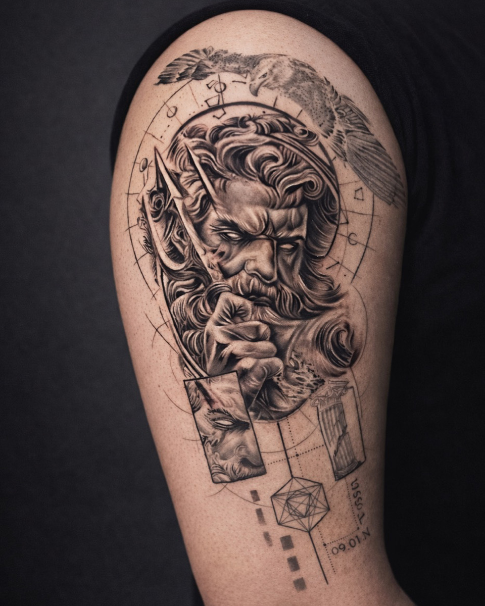Poseidon Greek mythology tattoo çalışması